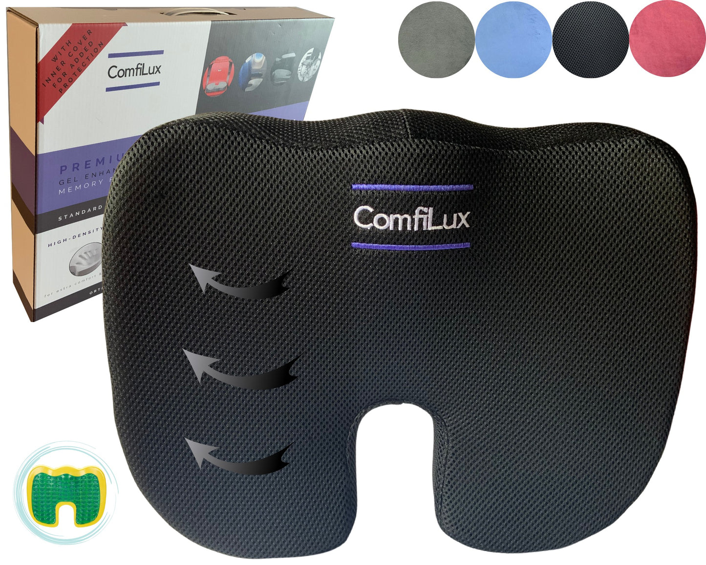 Memory Foam + Cooling Gel Car Seat Cushion - Back, Sciatica, Tailbone Pain Relief Pad
